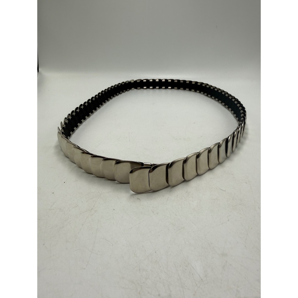 Vintage Silver Tone Metal Scale Stretch Belt Black Elastic Cinch Waist 31-36